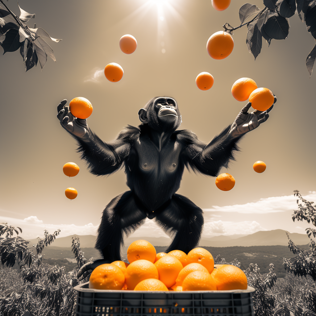 Un chimpanzé jongle avec sept oranges comme Romain Gary dans la Promesse de l'aube, épisode qui a inspiré le concept de la septieme orange.