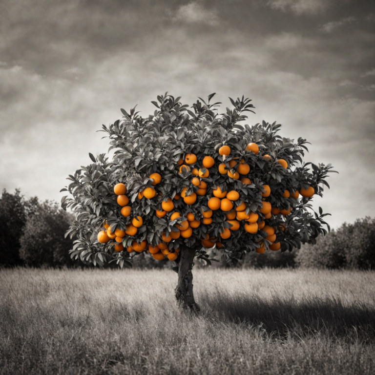 Oranger Noir et Blanc dans un champ Fruits de couleur Orange concept Coaching inspiré vie et roman Romain Gary La Promesse de l'Aube